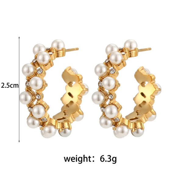 Elegant C Shape Inlay 304 Stainless Steel Artificial Pearls Zircon 18K Gold Plated Earrings