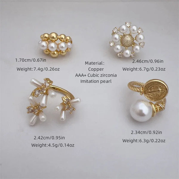 Elegant Vintage Women's Style Gold-Plated Zircon Artificial Pearl Flower Ring Casual Daily Wear Fashion Multi-Element Colorful