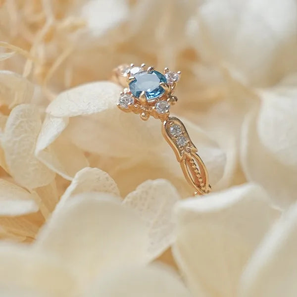 New Style Fresh Retro Lily of the Valley Carving Design Light Luxury Natural London Blue Topaz Same Style Ring for Women