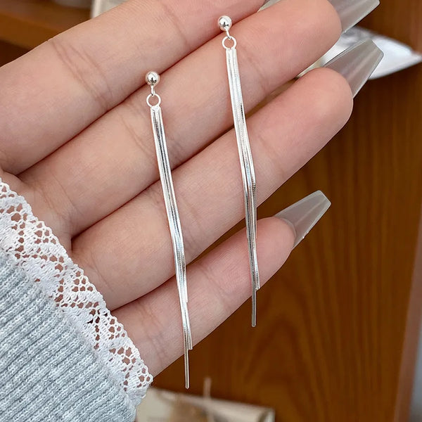 925 Sterling Silver Silver Long Tassel Earrings for Women Snake Bone Ear Thread Geometric Rubber Inlay