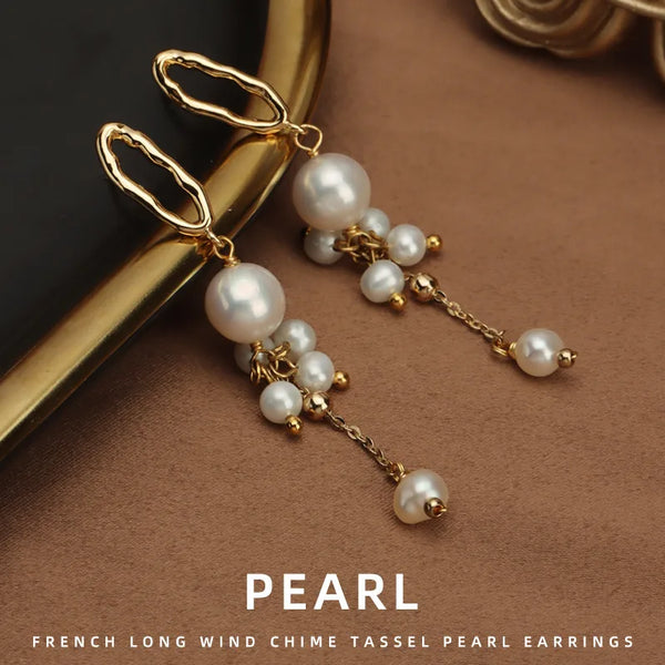 Simple Style Freshwater Pearl Tassel Earrings in 925 Sterling Silver with Copper Setting