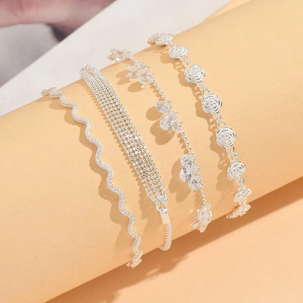 1 Piece S925 Silver Platinum Plated Simple Elegant Flower Thin Rope Beaded Women's Bracelet Valentine's Day Gift Date Accessory