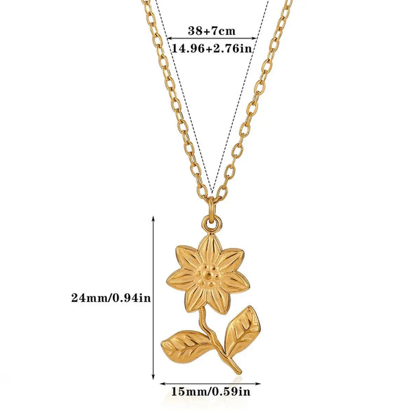 Waterproof Non Tarnish Flowers Necklace in 304 Stainless Steel with 18K Real Gold Plated PVD Coating and 0.03µm Thickness