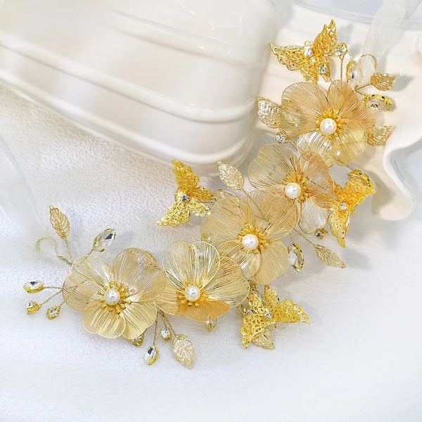 Bridal Butterfly Hair Band for Women with Rhinestones in Elegant Golden Color