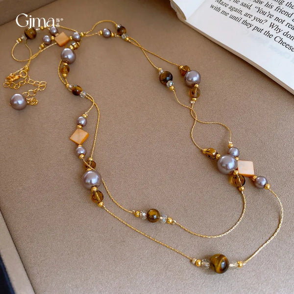 Vintage Pearl Tiger Eye Stone Double Layer Necklace for Women Sweater Chain Style Accessory Geometric Imitation Gold Plated Copper
