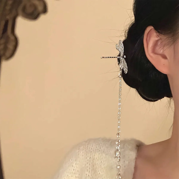 Dragonfly Chinoiserie Hair Sticks for Women in Silver, Elegant Hair Accessories Perfect for Spring