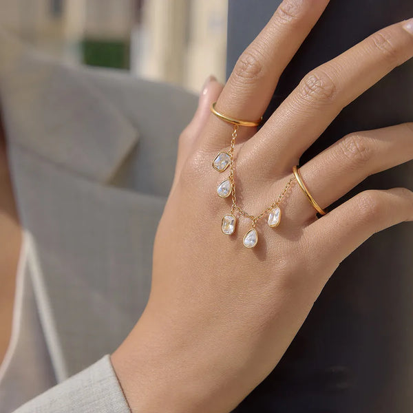 Waterproof Non Tarnish Tassel Ring for Women, 304 Stainless Steel with 18K Real Gold Plated PVD Coating and Zircon Inlay