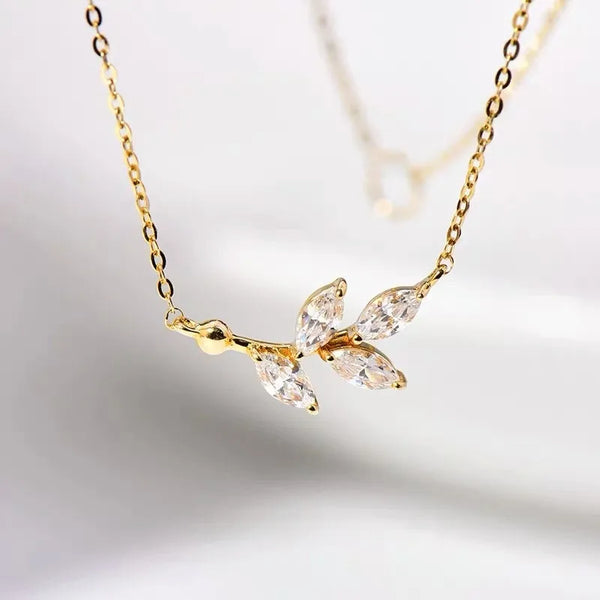 Sweet Leaves Necklace For Women in 925 Sterling Silver with 14K Real Gold Plated Electroplated Finish and Zircon Inlay on Cable Chain