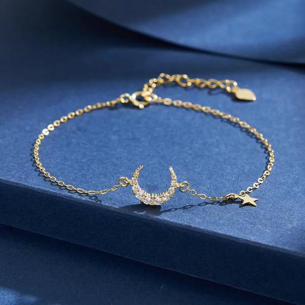 1 Piece 925 Sterling Silver Star Moon Zircon 18K Gold Plated White Gold Plated 925 sterling silver cable chain Bracelets