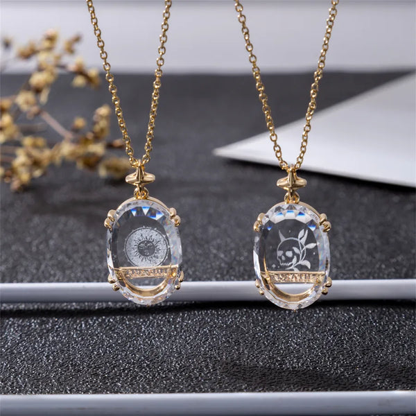 Transparent Crystal Pattern  Necklace Vintage  Sun Moon Stars LOVE Pendant Collarbone Chain