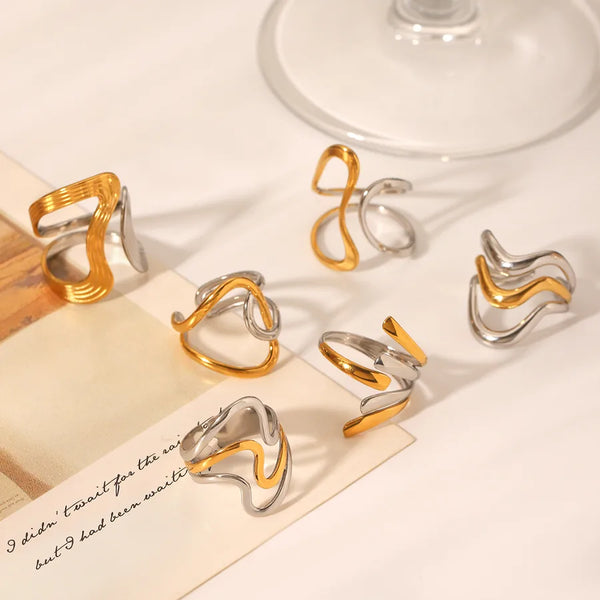 Wholesale Jewelry Exaggerated Simple Style Commute Lines 304 Stainless Steel 18K Gold Plated Asymmetrical Rings
