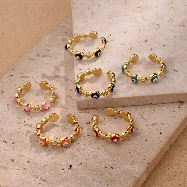 Wholesale Jewelry Casual Modern Style Eye Copper Zircon 18K Gold Plated Polishing Enamel Open Rings