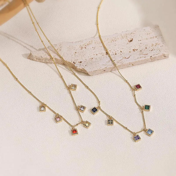 Luxurious Copper Embedded Colorful Diamond Square Pendant Necklace Sparkling Layered Pearl Lockbone Chain Jewelry For Women