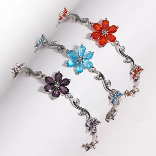 Light Luxury Copper Inlaid Diamond Five-Petal Flower Branch Leaf Zircon Bracelet Creative Versatile Flower Petal Jewelry Factory Direct Sale