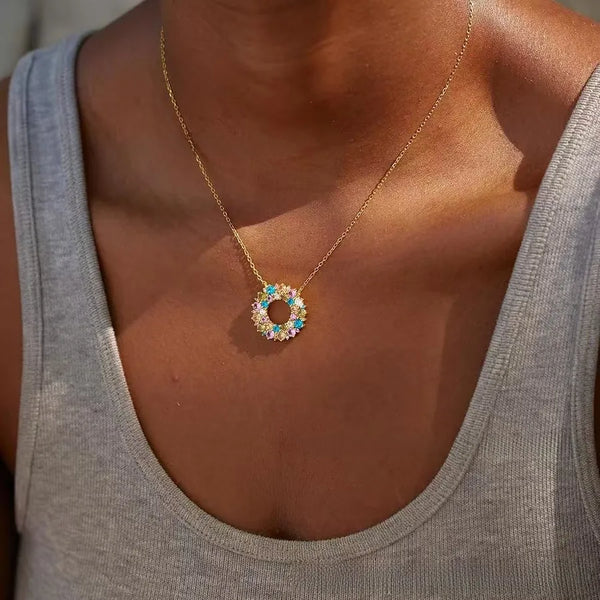 S925 Sterling Silver Necklace Women's Fashion Colorful Zircon Circle Choker Trendy Lockbone Chain Geometric Pattern Jewelry