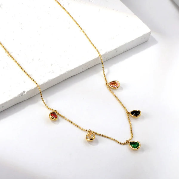 Water Droplets Necklace for Women Featuring 18K Real Gold Electroplated Finish with Rhinestones on Ball Chain