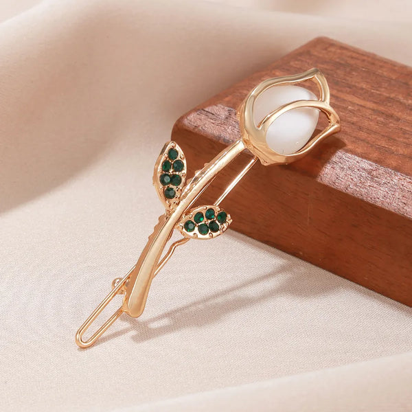 Retro Flowers Hair Pins for Women in Champagne Metal with Rhinestone Inlay