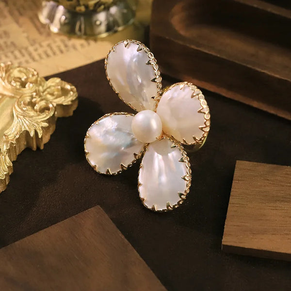 Adjustable Flowers Ring with Freshwater Pearl, 18K Real Gold Plated Featuring Water Plating, 0.03µm-0.05µm Thickness, Handmade