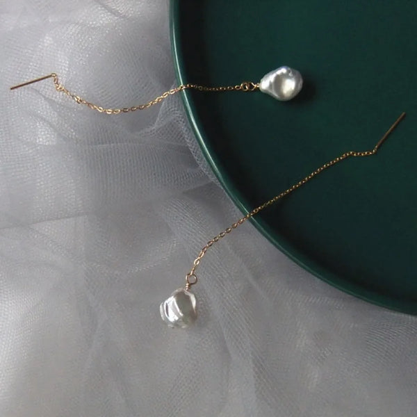 Natural Baroque Pearls Long Dangle Earrings 14K Gold Fashionable Elegant Fairy Tale Feeling Wedding Jewelry Women's Earrings