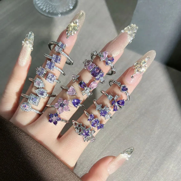 Cool Butterfly Geometric Full Diamond Ring Stackable Pink Purple Dreamy Simple White Ring Accessories