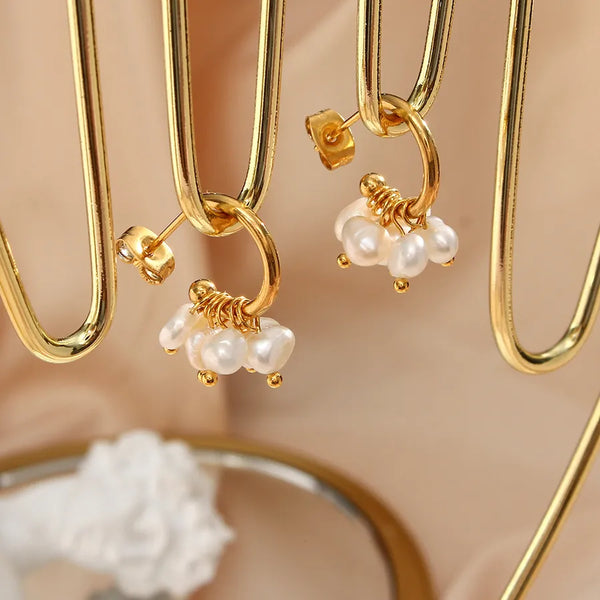 Elegant C Shape Plating 304 Stainless Steel Artificial Pearls 18K Gold Plated Ear Studs