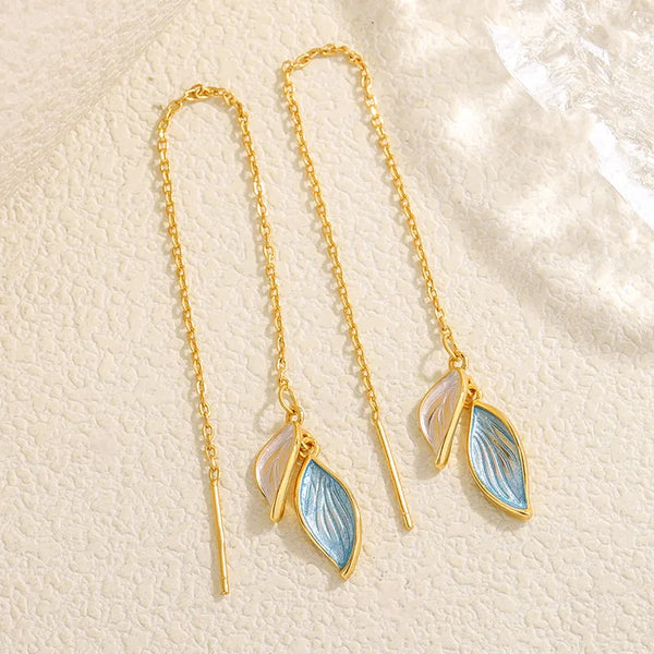 S925 Sterling Silver Long Tassel Blue Leaf Earrings Women Fashionable Versatile Luxury Style Leaf Shaped Ear Jewelry