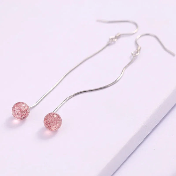 S925 Silver Long Dangle Earrings New Pink Strawberry Crystal Tassel Simple Style INS Ear Jewelry Linear Pattern Silver Color