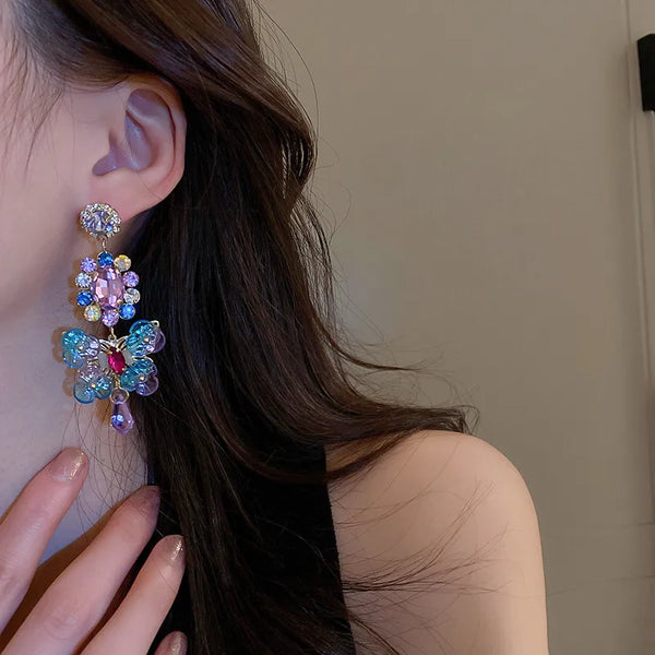 1 pair sweet flower inlay copper artificial gemstones drop earrings