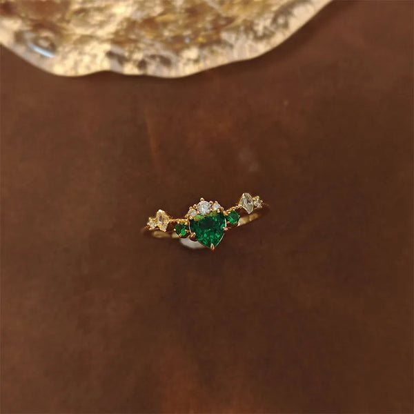 Dunli Jewelry Vintage Design High-End Cultivated Emerald Heart Luxury Ring S925 Pure Silver Gold Plated Elegant Women's Ring