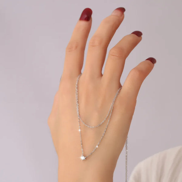 S925 Sterling Silver Single Diamond Double Layer Stacked Elegant Collarbone Chain  Style Internet Celebrity Blogger Same Design Versatile Necklace