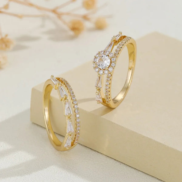 Elegant Simple Micro-Set Zirconium Wedding Rings Couple Bands Versatile Festive Gift Matching Geometric Pattern Copper Rings