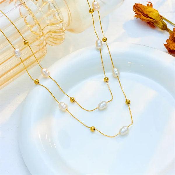 baroque style solid color imitation pearl titanium steel beaded plating 18k gold plated layered necklaces