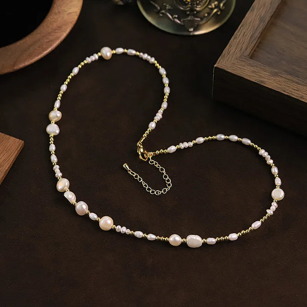 Handmade Geometric Necklace for Women Featuring Freshwater Pearl with 18K Real Gold Plated Water Plating and Cable Chain