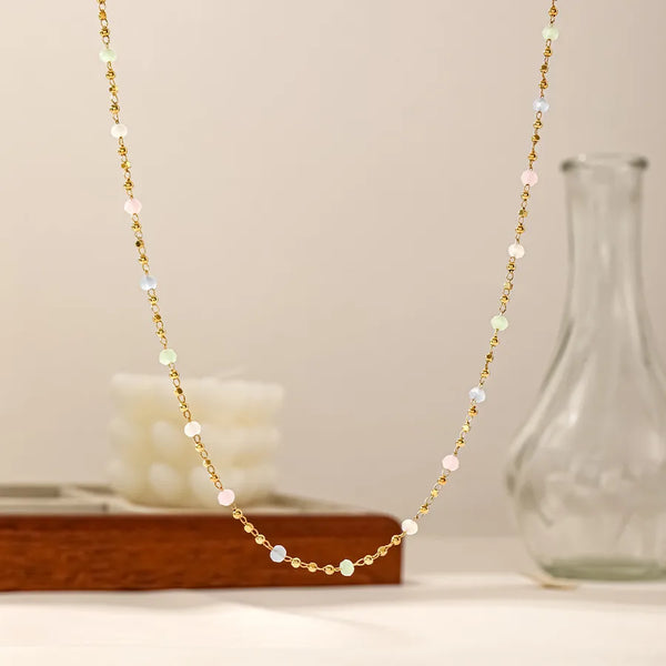 Round Beading Necklace for Women in Brass with 18K Real Gold Plated Finish and Natural Stone Inlay on Cable Chain