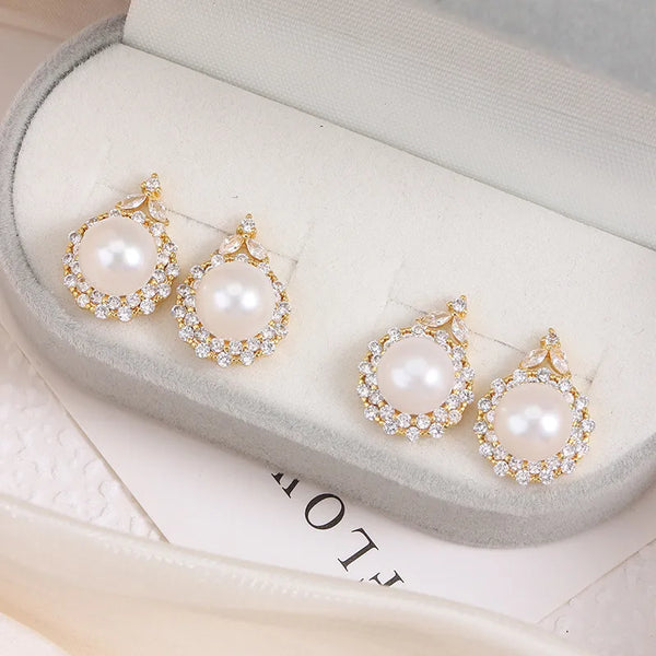 Natural Pearl Stud Earrings for Women in 925 Sterling Silver with Zircon Setting, Perfect for Summer Weddings