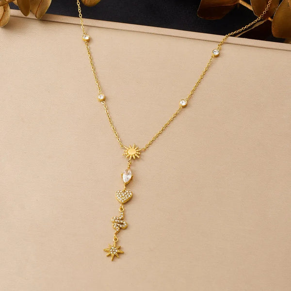 Heart Shape Pendant Necklace with Tassel, 304 Stainless Steel, 18K Real Gold Plated, Artificial Rhinestones, Featuring Standard Chain