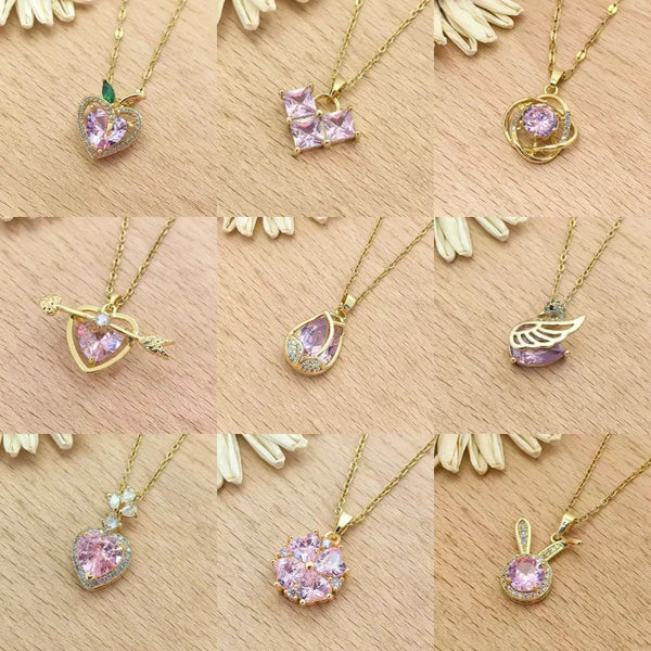 Fashionable Women's Necklace Copper Pendant Pink Glass Inlaid Stainless Steel Clavicle Chain Jewelry Luxury Sensation Accessories