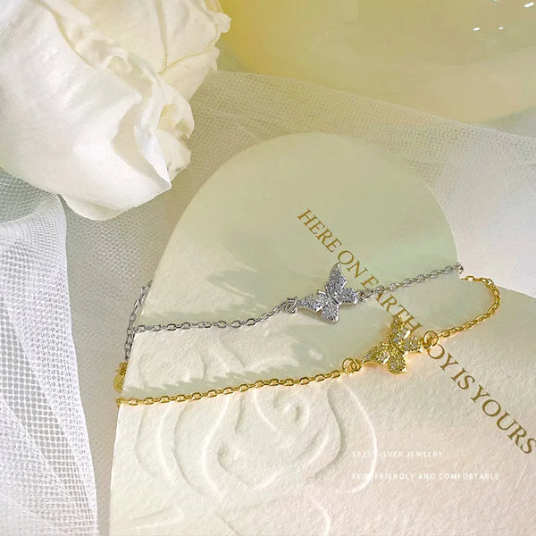 Sweet Butterfly Bracelet for Women in 925 Sterling Silver with 18K Real Gold Electroplated and Zircon Inlay