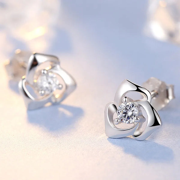 925 Silver Three-leaf Rose Earrings New Fashion Simple Zircon Flower Lucky Leaf Jewelry Bohemian Pattern Silver Color
