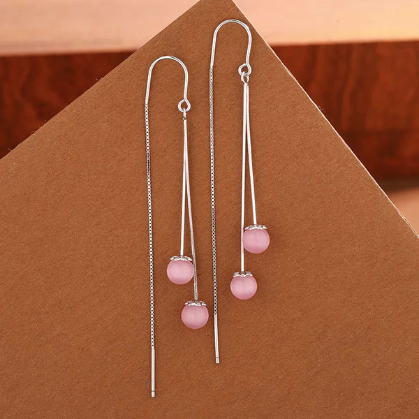 S925 Sterling Silver Long Dangle Earrings Pink Cat's Eye Stone Fashionable Tassel Ear Wire Elegant Simple Style Women's Jewelry