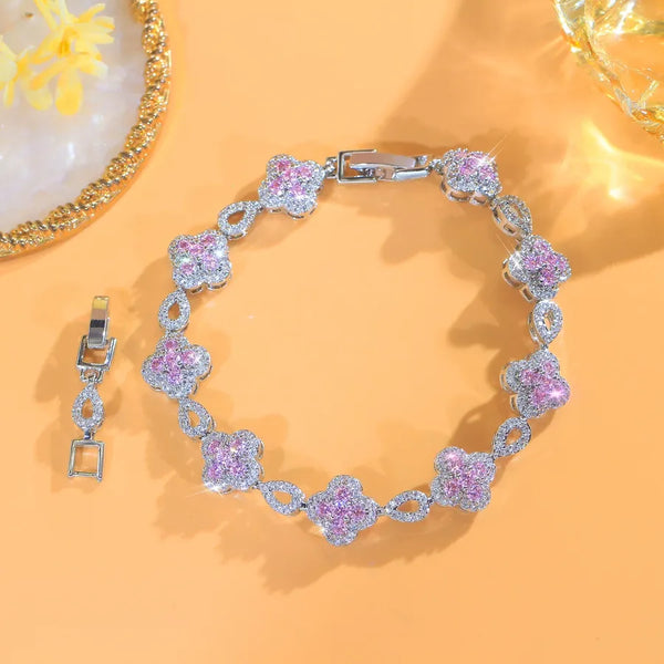 Four-leaf Clover Water Plated Copper Zircon (Jewelry) Waterproof Non-Fading Safety Clasp Valentine's Day Tennis Chain (Full Diamond Chain) Bracelet for Women