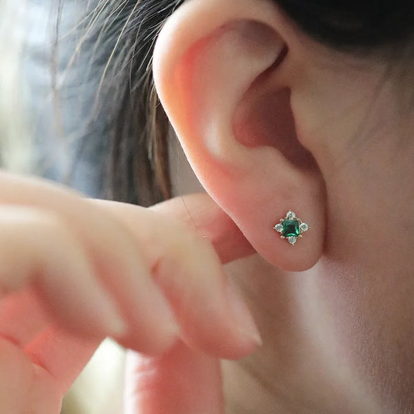 Sweet Quadrilateral Stud Earrings For Women in 925 Sterling Silver with 14K Real Gold Plated Electroplated Finish and Zircon Inlay