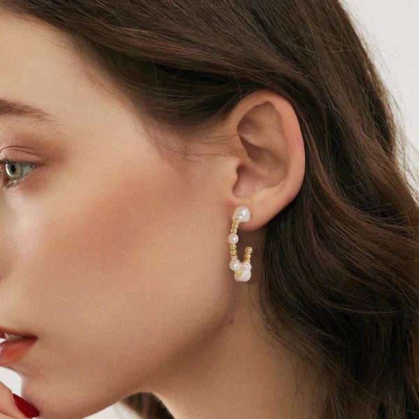 White Gold Plated Silver Plated 925 Sterling Silver Silver Pearl C Shape EARRINGS Hoop Earrings