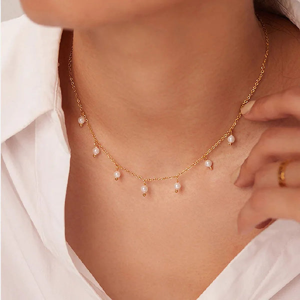 304 Stainless Steel Freshwater Pearl 18K Gold Plated Elegant Beaded Plating Solid Color Necklace