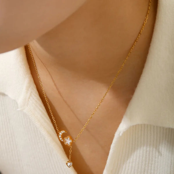 Elegant Fashion Luxury High-End Star Moon Heart Pendant Inlaid with Zircon Stainless Steel 18k Gold Plated Women's Necklace
