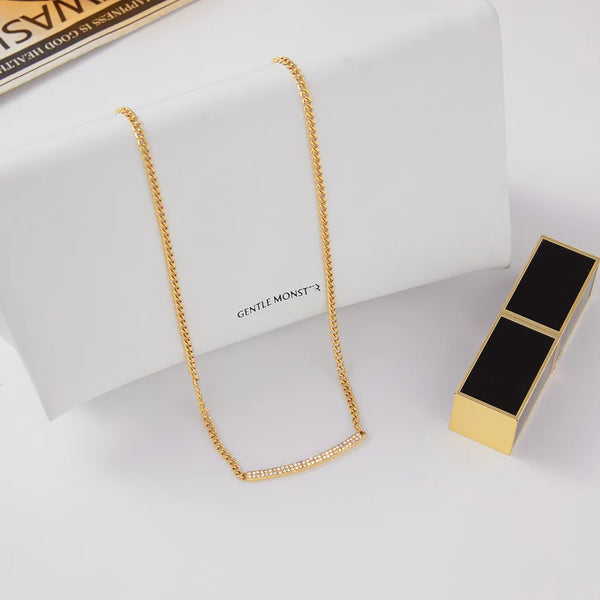 Women's Classic Style 18K Gold Stainless Steel + Rhinestone Smiley Face Necklace with White Rhinestones 45+5CM