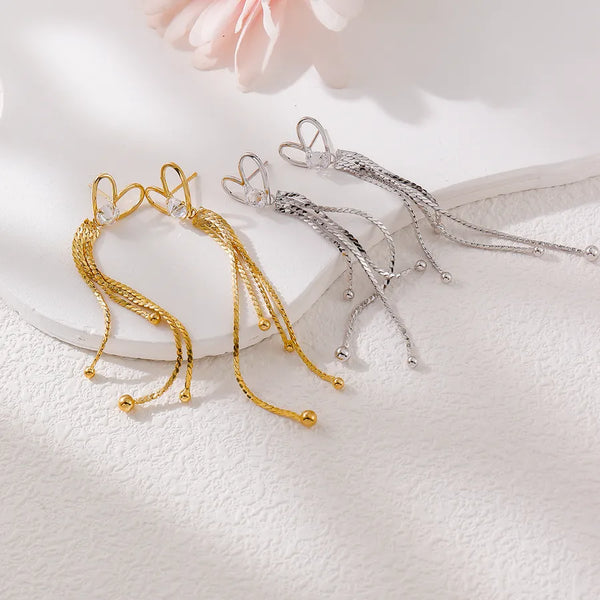 Fashion Jewelry Exquisite Tassel Earrings Heart Zircon Flower Ear Clips Earrings Light Luxury Design Sense Copper Plated Geometric Pattern Earrings