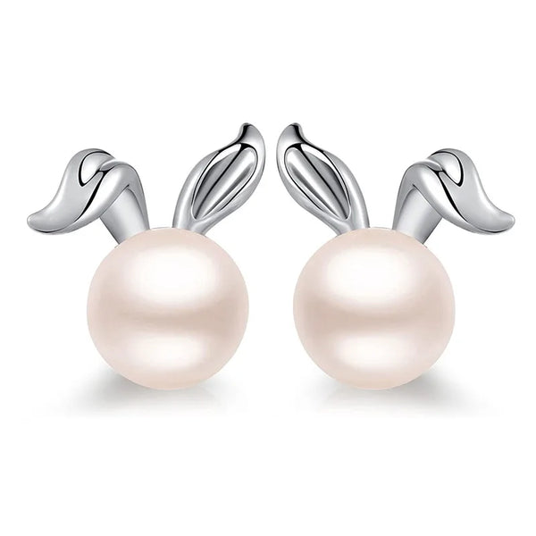 925 Silver Rabbit Ear Studs Cute Rabbit Design Freshwater Pearl Symmetrical Earrings Cartoon Style Women's Jewelry Accessories