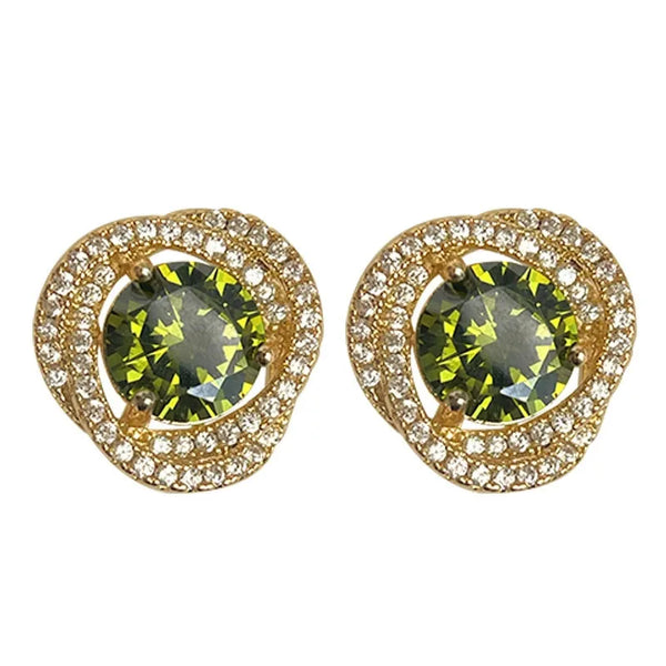 Luxurious Green Zircon Clip-On Earrings Vintage French Floral Design Women's High-End Sensation Mosquito Coil Ear Clips