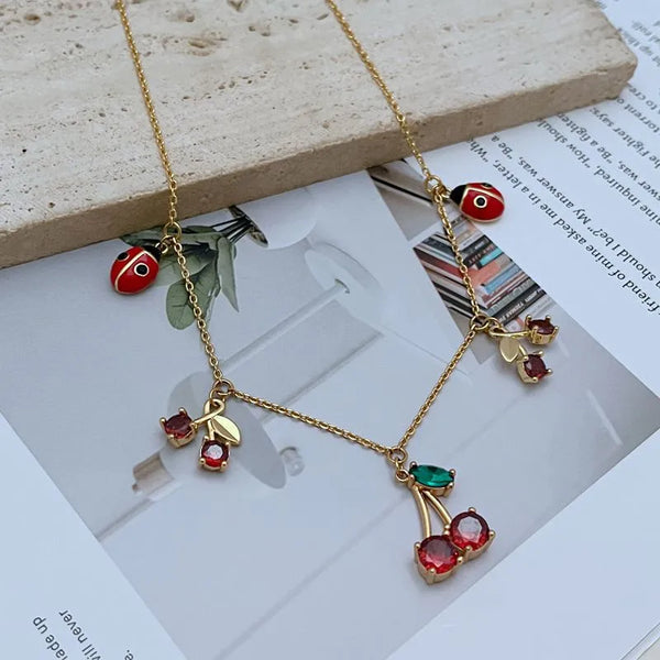 Wholesale Jewelry Sweet Cherry Beetles Copper 18K Gold Plated Plating Necklace cable chain